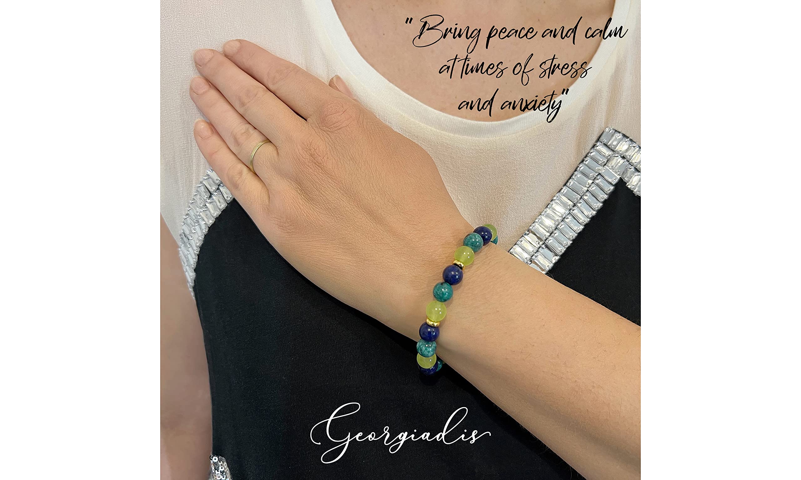 Georgiadis 8mm Lapis Lazuli, African Jasper & Jade Gemstones Bracelet, Crystal Healing Stones, Self-Confidence, Balancing Energy, Prosperity, Abundance, For Men, Women, Gift. (Multi, 8.30")