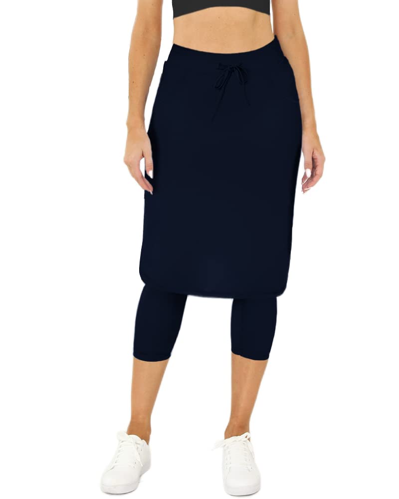 Womens Tennis Skirt with Built in Capri Leggings 20" Knee Length Skorts Skirts Drawstring Golf Skirts Skirted Leggings Navy Blue