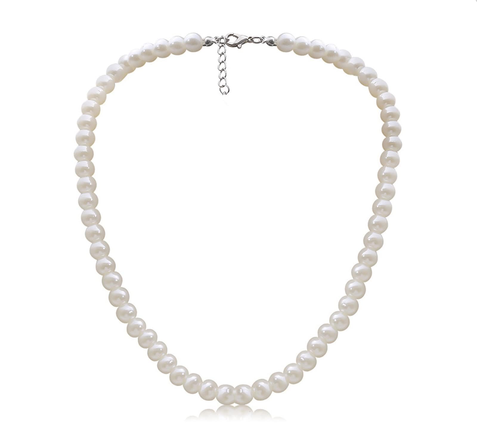 Pearl Necklace for Men, White Pearl Necklace for Women, 8MM Round Pearl Necklace, Pearl Jewelry 20" Length