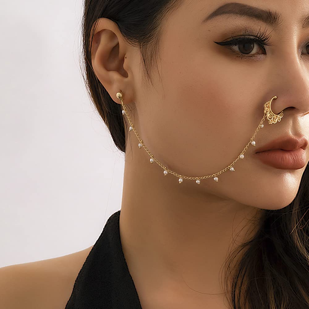 Kenjudess Punk Nose to Ear Chain Non Piercing Fake Septum Rings Indian Belly Dance Nose Nail Ring Hoops for Women (Gold bead)