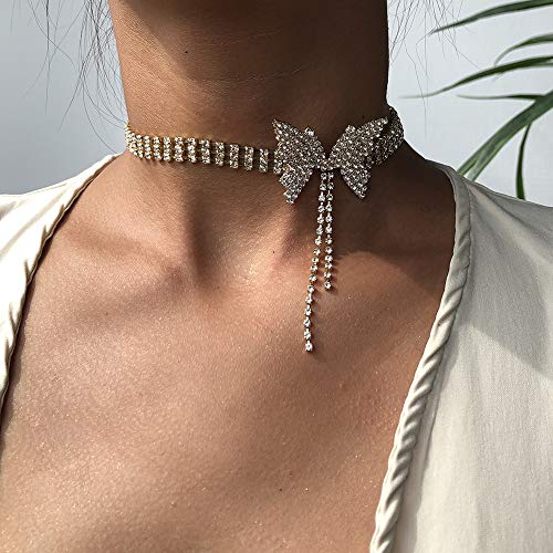 Aomcisi Sexy Shining Crystal Full Rhinestone Choker Crystal Butterfly Choker for Lady Party Jewelry (Silver)