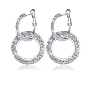 Fashion Rhinestone Double Circle Hoop Earrings Drop Studs for Women (Silver)