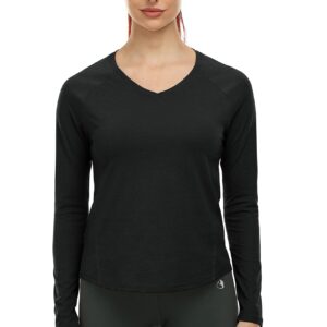 icyzone V-Neck Long Sleeve Workout Shirts for Women, Quick Dry Fitness Athletic Running Yoga Tops (Black, S)