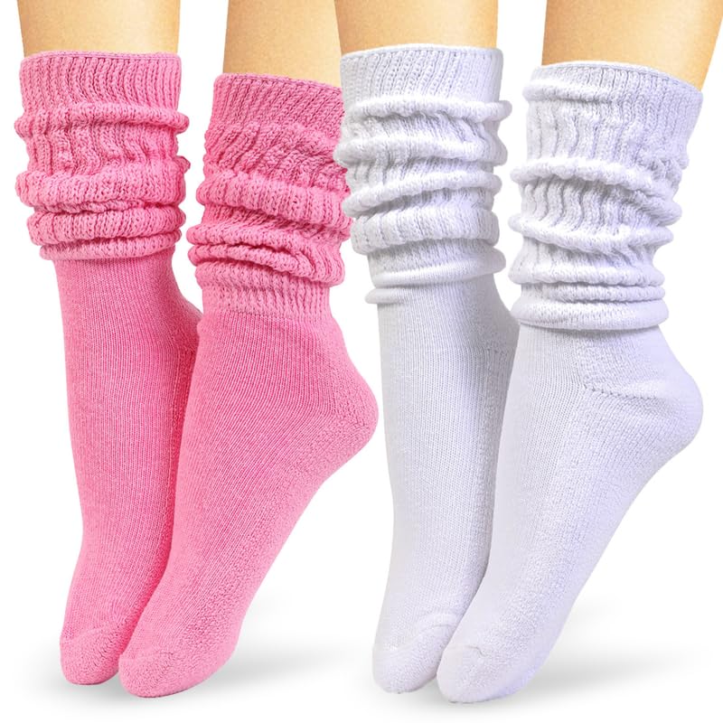 HOT FEET Women's Slouch Socks 2-Pack - Cozy Cotton Blend Scrunch Boot Socks, Long Slouchy Scrunchy Calf Socks, Sizes 4-10, White & Light Pink