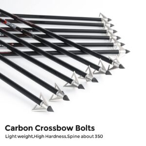 DEEPOWER Carbon Crossbow Bolts 20 Inch with 12Pcs Crossbow Broadheads, 12 Pack Carbon Archery Arrows Hunting 4” Vanes and 3 Blade Broadheads 12 Pack, Kit for Archery Practise Hunting Crossbow Arrows