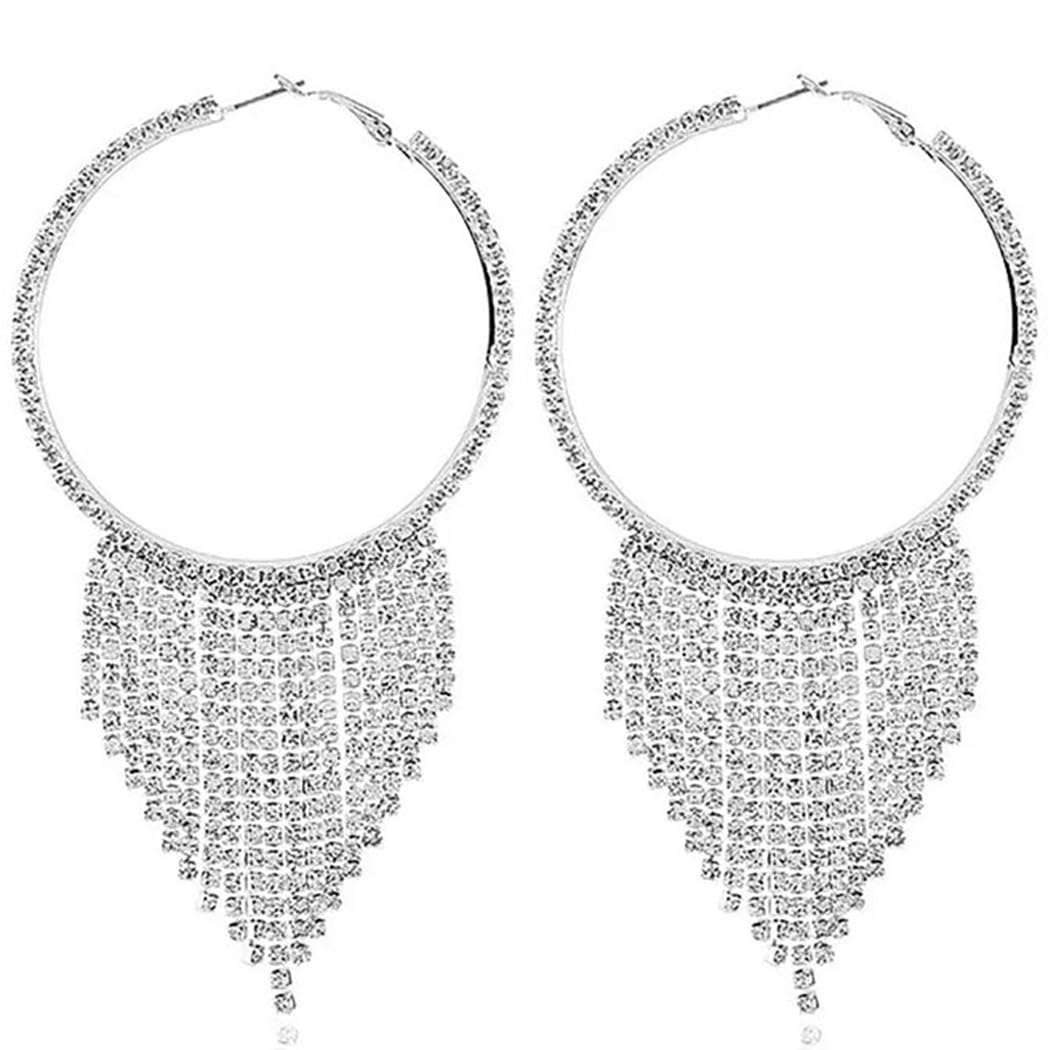 Earent Silver Rhinestone Tassel Earrings Sparkly Chandelier Fringe Earring Crystal Dangling Earrings Jewelry for Women