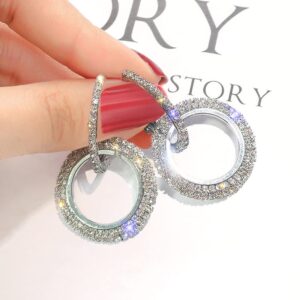 Fashion Rhinestone Double Circle Hoop Earrings Drop Studs for Women (Silver)