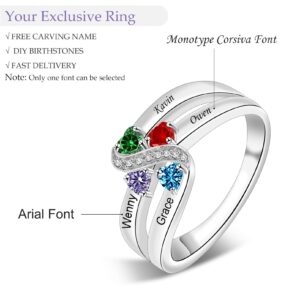 Sterling Silver Mothers Rings with 1-6 Birthstones Women Personalized Rings Engraving Family Name Rings Custom Rings for Mom Grandma Nana (4 stone)