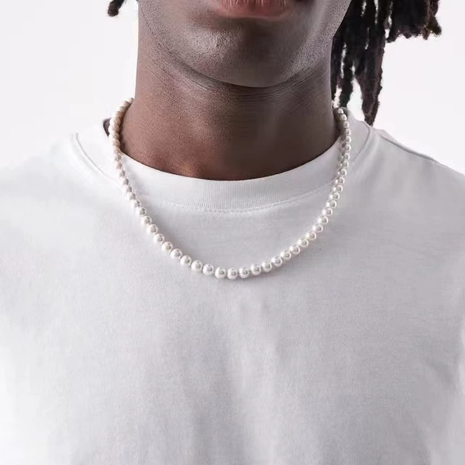 Pearl Necklace for Men, White Pearl Necklace for Women, 8MM Round Pearl Necklace, Pearl Jewelry 20" Length