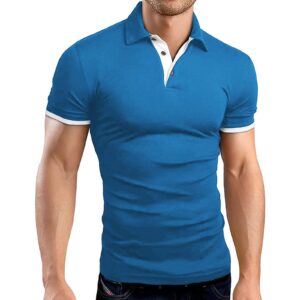 a waterwang men's short sleeve polo shirts, slim-fit cotton golf polo shirts basic designed teal blue