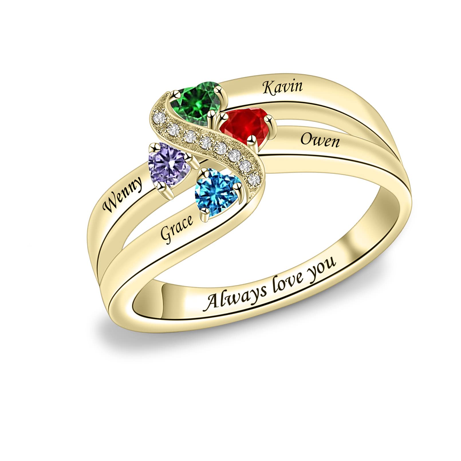 Sterling Silver Mothers Rings with 1-6 Birthstones Women Personalized Rings Engraving Family Name Rings Custom Rings for Mom Grandma Nana (4 stone)