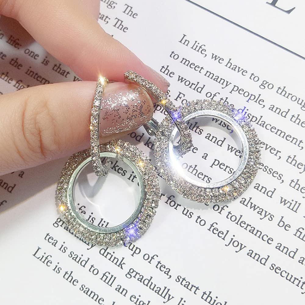 Fashion Rhinestone Double Circle Hoop Earrings Drop Studs for Women (Silver)