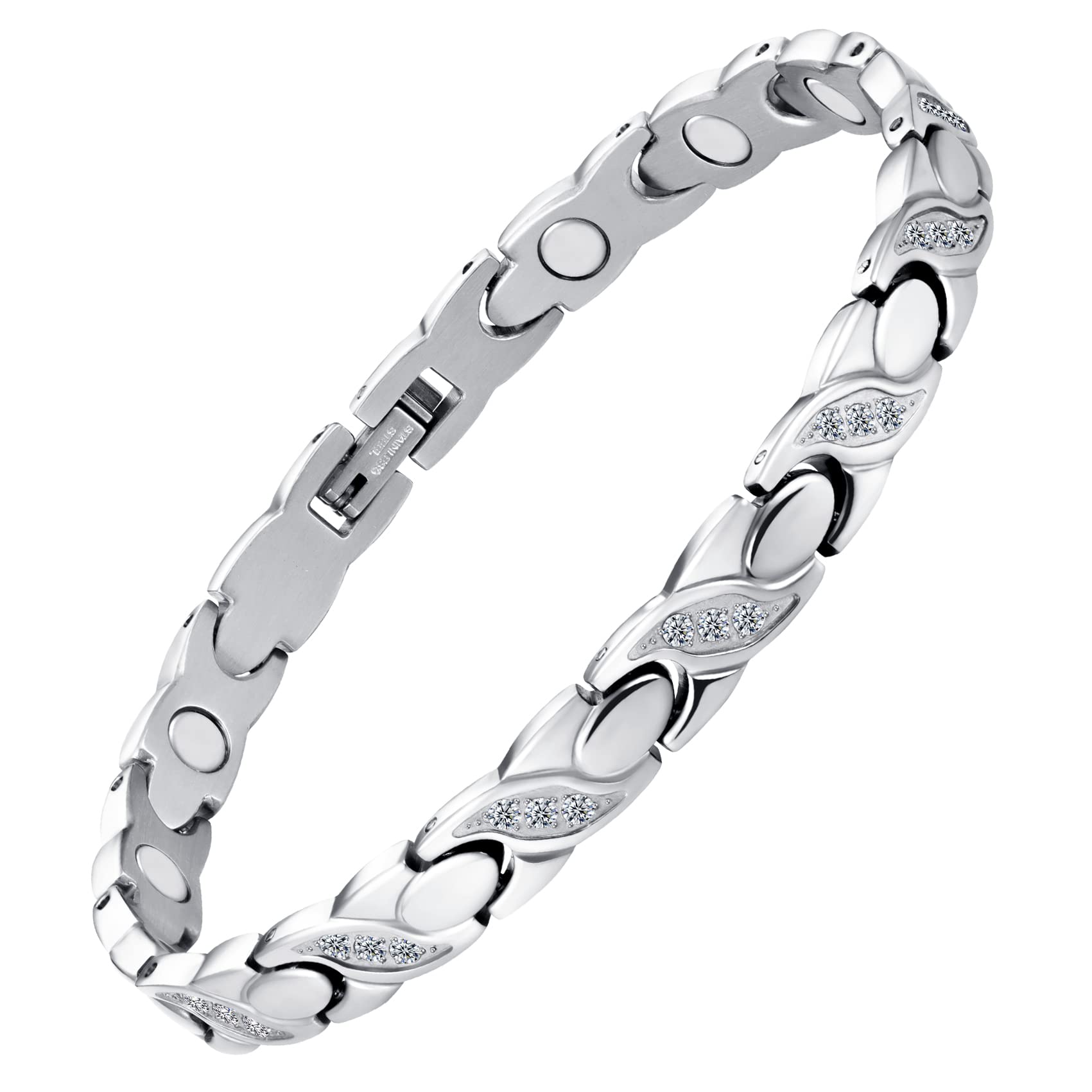 Feraco Magnetic Bracelets for Women Titanium Steel Bracelet with Ultra Strength Magnets & Sparkling Crystals Christmas Gifts for Women (Silver)