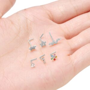 Tornito 12Pcs Nose Ring Nose Stud L Shaped Snake Butterfly CZ Flower Moon Dangle Nose Rings Stud for Women Men Silver Tone 20G