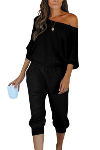 prettygarden women's 2 piece ribbed tracksuit outfits off shoulder long sleeve pullover long pants with pockets (black,large)