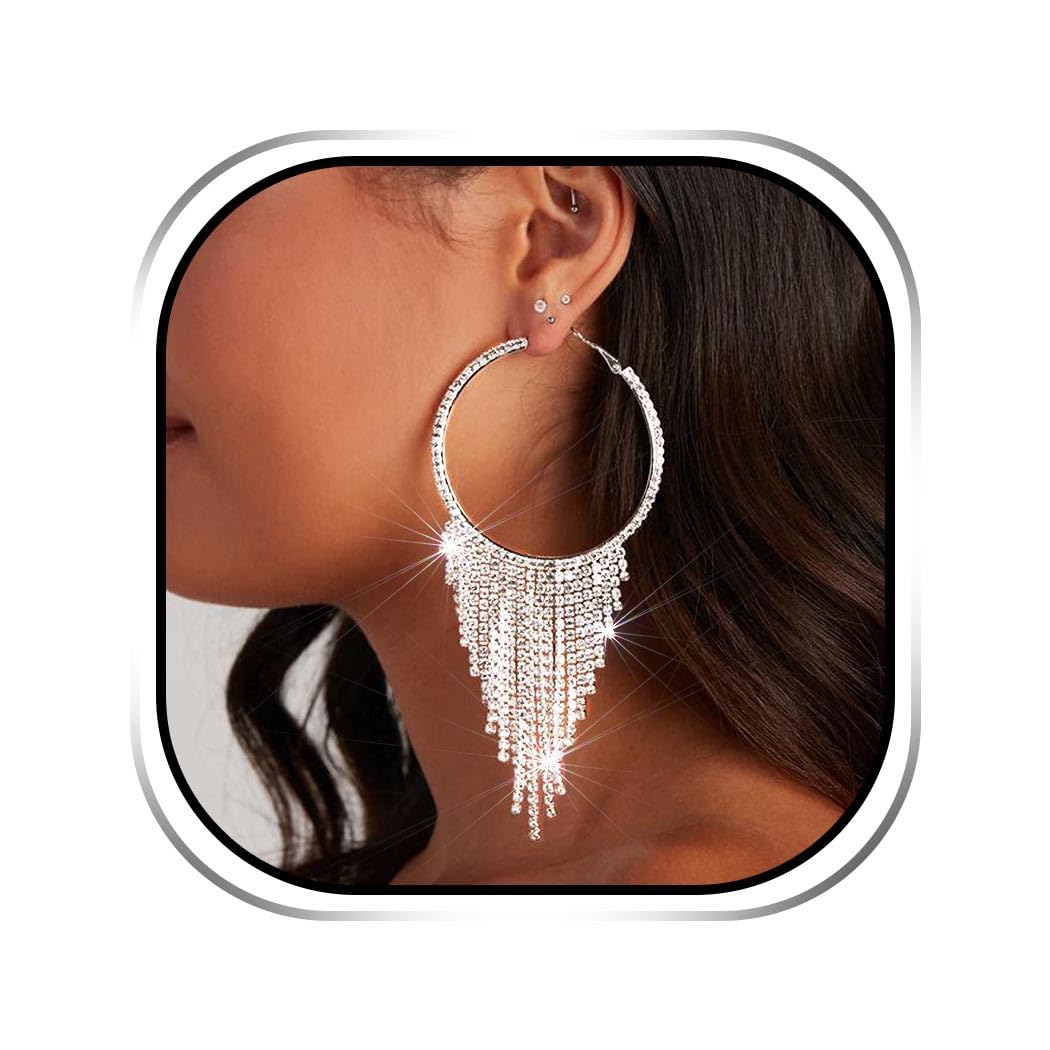 Earent Silver Rhinestone Tassel Earrings Sparkly Chandelier Fringe Earring Crystal Dangling Earrings Jewelry for Women