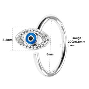 OUFER 20G Nose Ring Hoop，316L Stainless Steel Blue Evil Eye Cartilage Earrings，Nose Piercing Jewelry for Women and Men Silver Color