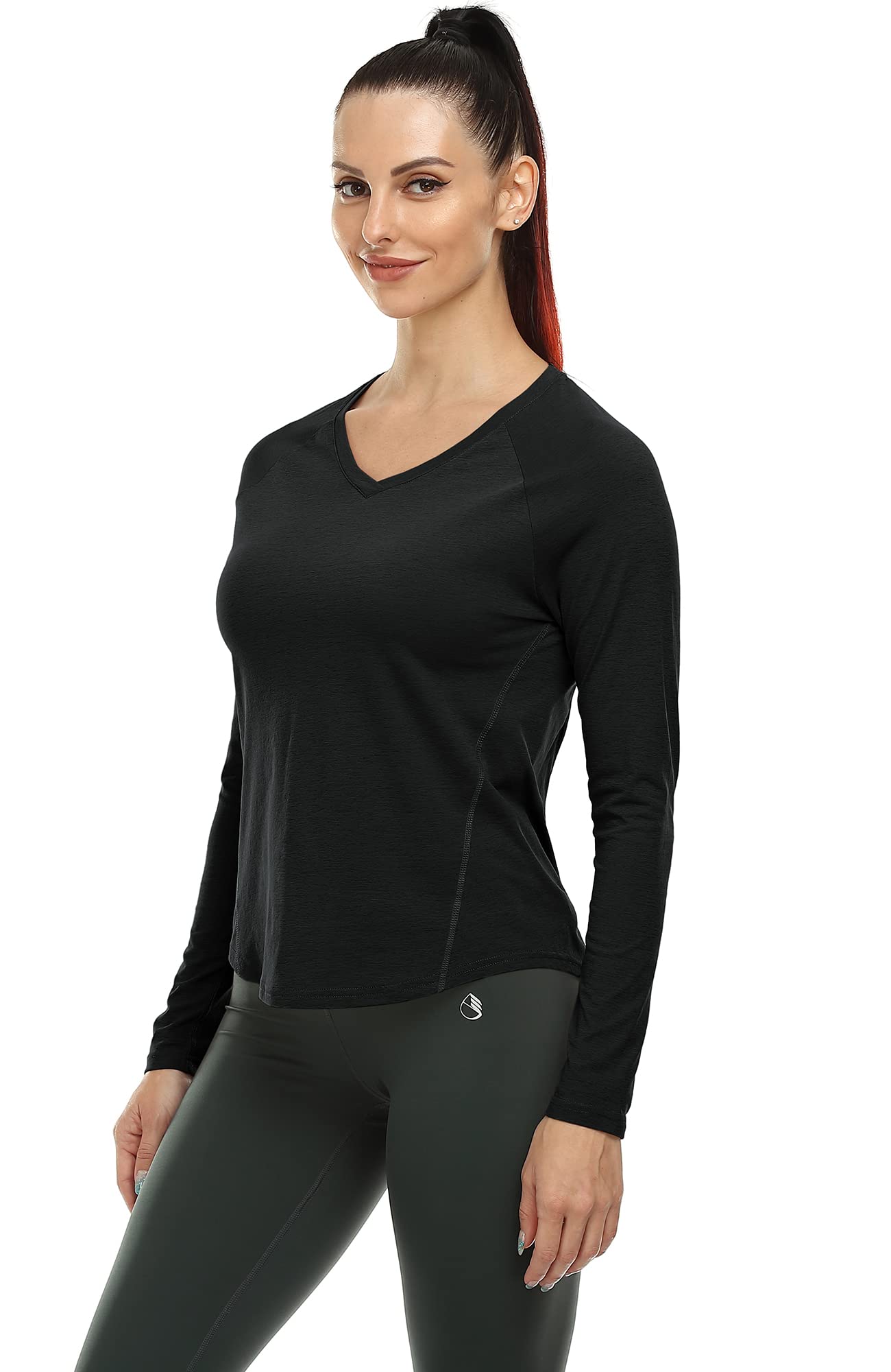 icyzone V-Neck Long Sleeve Workout Shirts for Women, Quick Dry Fitness Athletic Running Yoga Tops (Black, S)