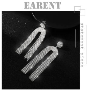 Earent Tassel Rhinestone Earrings Silver Long Chandelier Fringe Chain Crystal Dangle Drop Earring Vintage Bridal Party Jewelry for Women