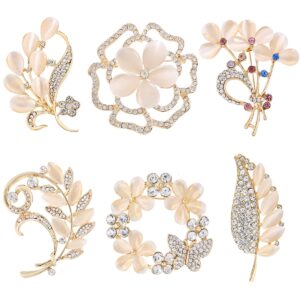 wmhaimo lot 6pcs opal cat's eye stone crystal rhinestone leaf flower brooch pin set for women