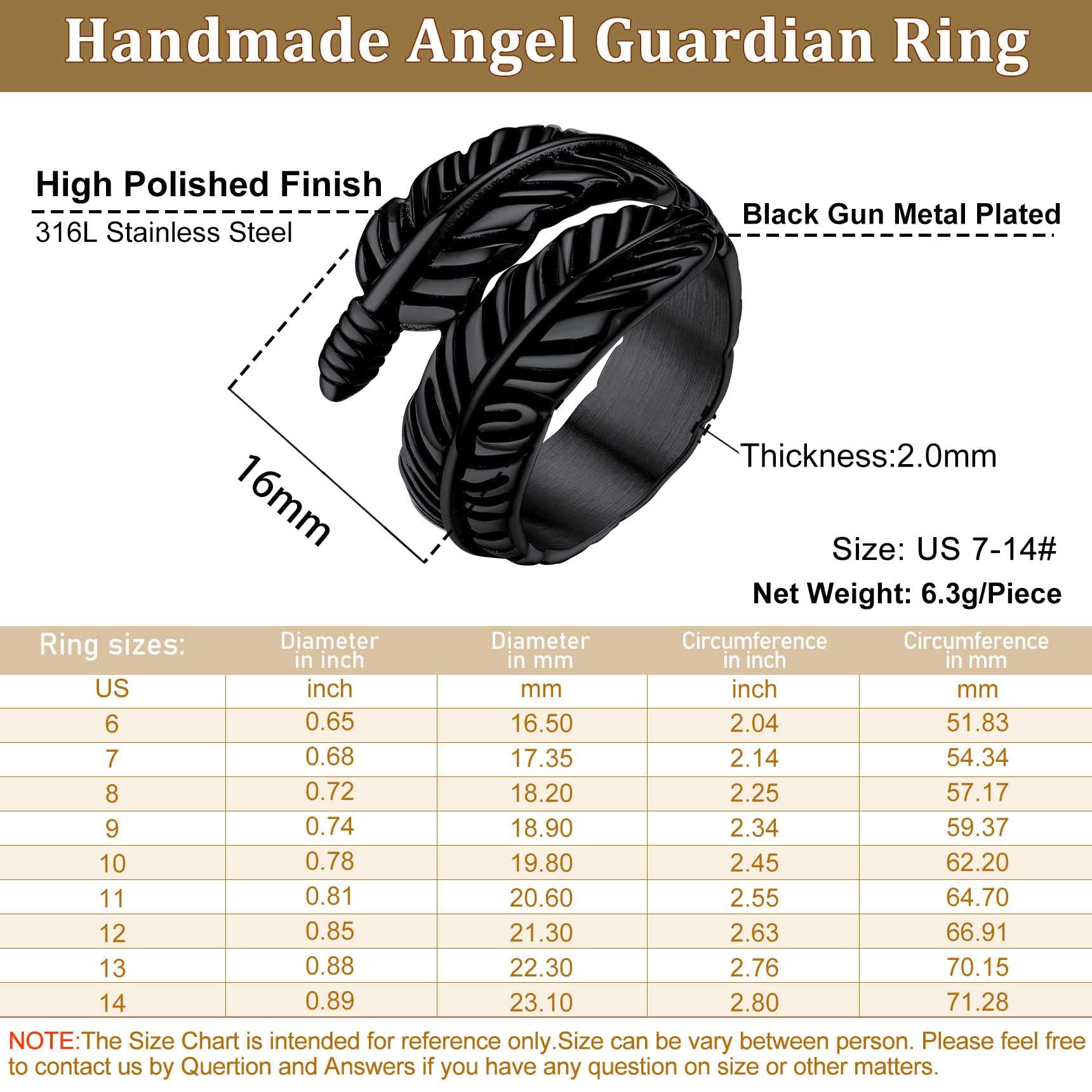 Bestyle Stainless Steel Black Feather Wrap Ring Guardian Wings Rings Stainelss Steel Band Rings Love Statement Jewelry Gifts for Women Men,Size 10