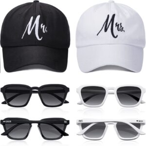 4 Pieces Mr and Mrs Gifts Set Bride Groom Sunglasses Hat and Caps for Wedding Couple Bridal Shower Party