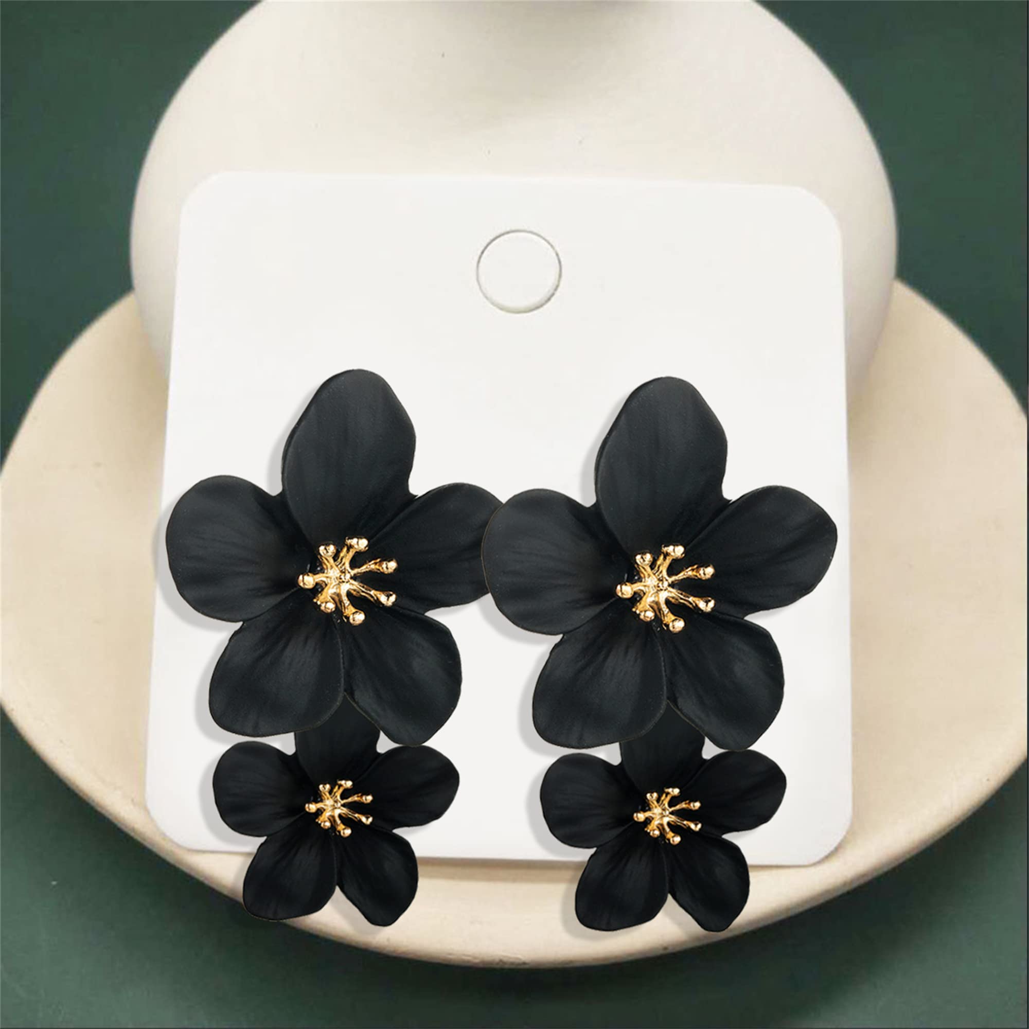 ANDPAI Unique Handmade Bohemian Large Matte Double Yellow Flower Dangle Drop Earrings White Metal floral Stud Earrings For Women Statement Wedding Holiday Jewelry Gifts (Black)