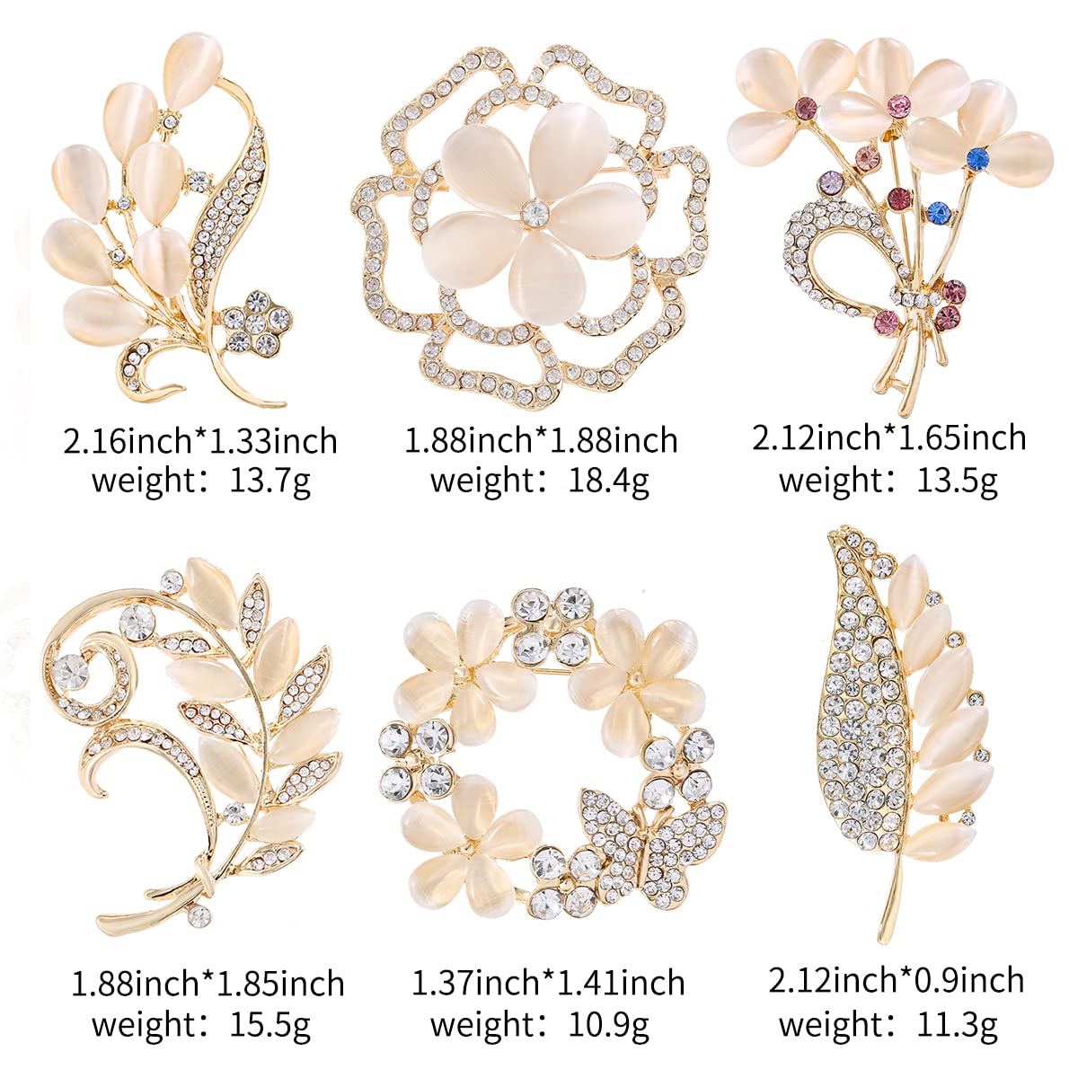 WMHaiMo Lot 6pcs Opal Cat's Eye Stone Crystal Rhinestone Leaf Flower Brooch Pin set for Women