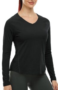 icyzone v-neck long sleeve workout shirts for women, quick dry fitness athletic running yoga tops (black, s)