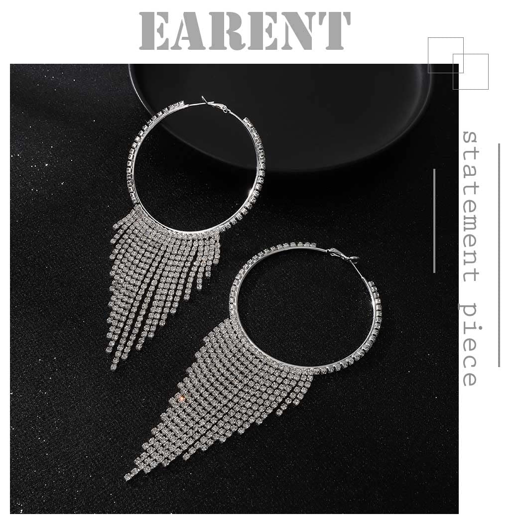 Earent Silver Rhinestone Tassel Earrings Sparkly Chandelier Fringe Earring Crystal Dangling Earrings Jewelry for Women