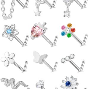 Tornito 12Pcs Nose Ring Nose Stud L Shaped Snake Butterfly CZ Flower Moon Dangle Nose Rings Stud for Women Men Silver Tone 20G