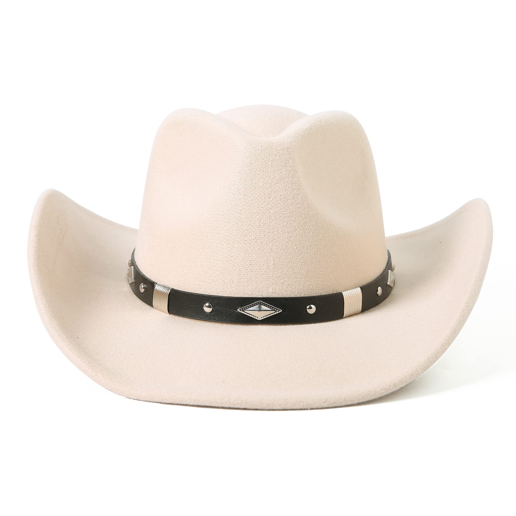 Lanzom Women Men Classic Felt Wide Brim Western Cowboy Cowgirl Hat with Belt Buckle(Medium,Beige)