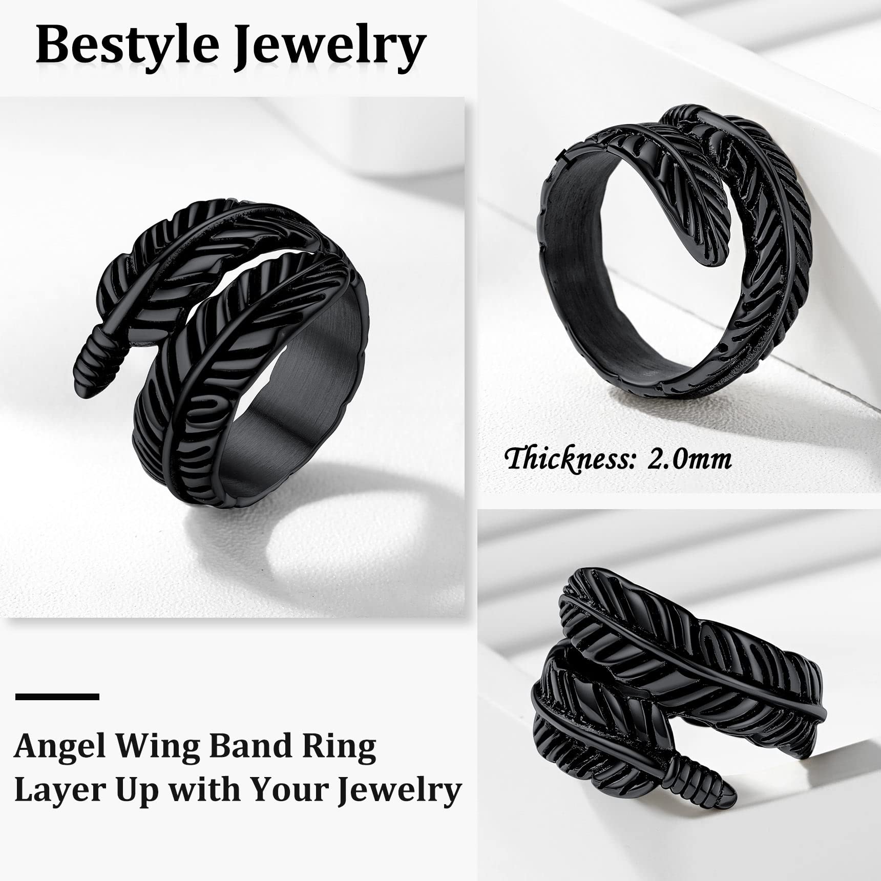 Bestyle Stainless Steel Black Feather Wrap Ring Guardian Wings Rings Stainelss Steel Band Rings Love Statement Jewelry Gifts for Women Men,Size 10