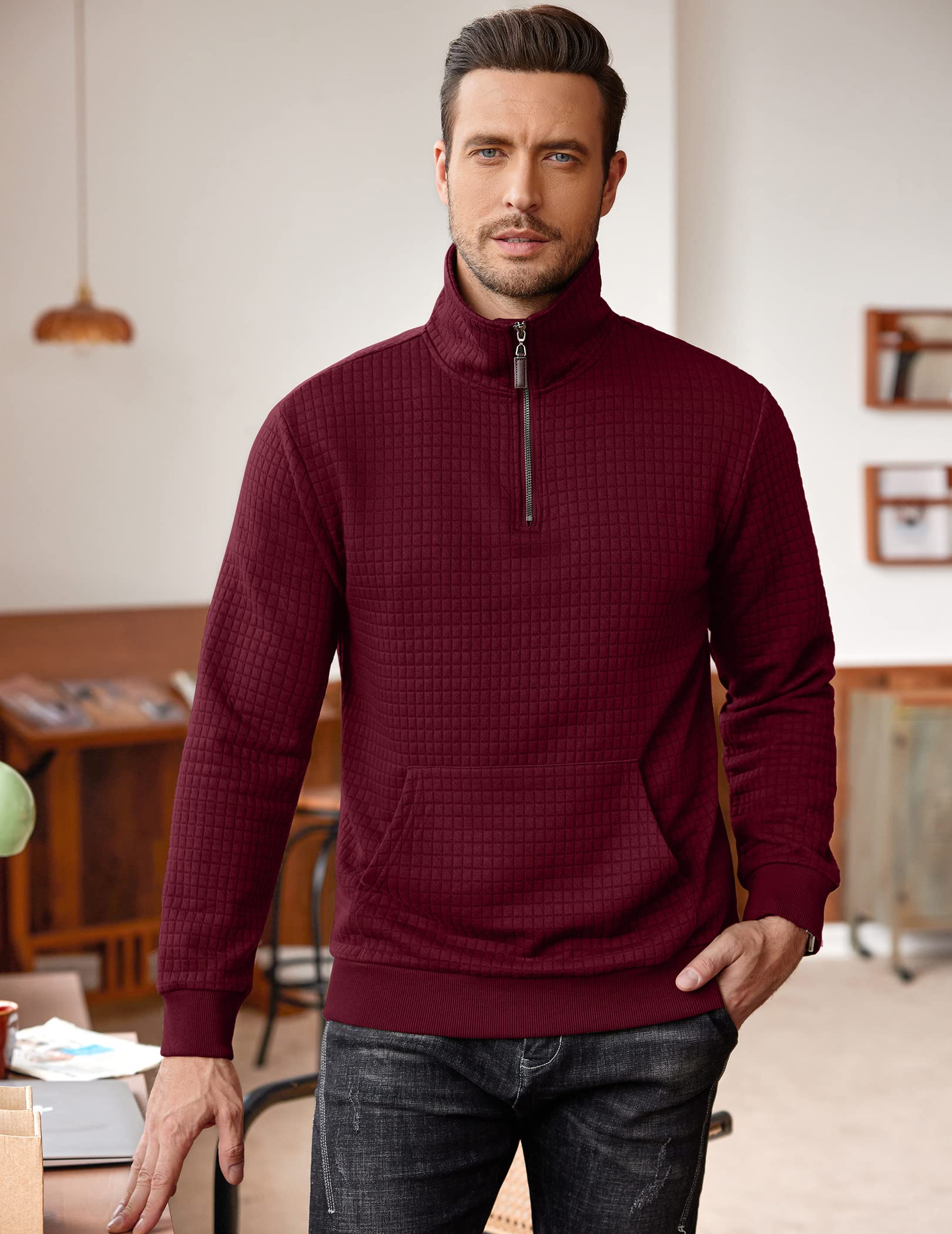 COOFANDY Men 1/4 Zip Polo Sweatshirt Long Sleeve Lightweight Collar Pullovers for Spring Fall Winter Wine Red