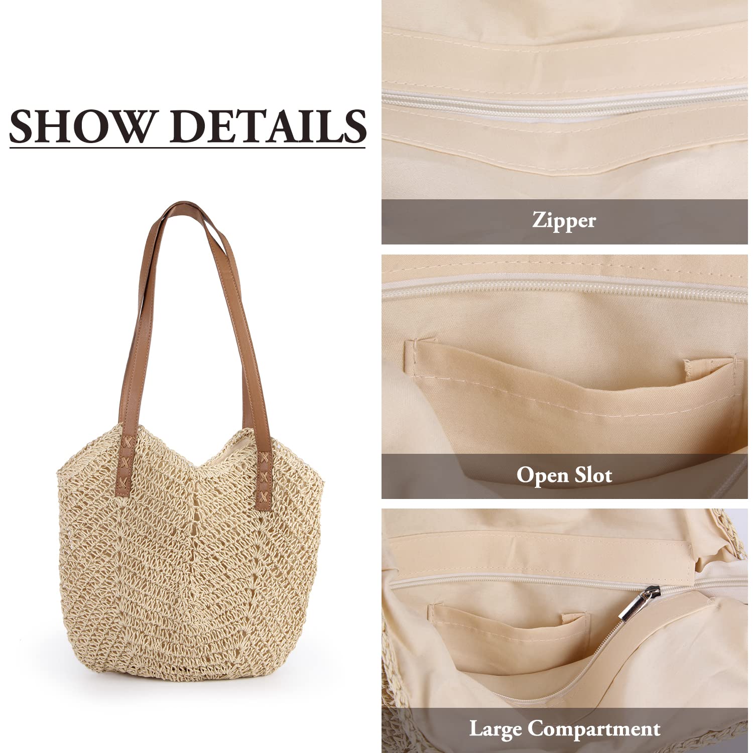 Oweisong Women Straw Beach Bag Large Summer Purse Woven Straw Handbags Tote Shoulder Bag for Vacation Travel