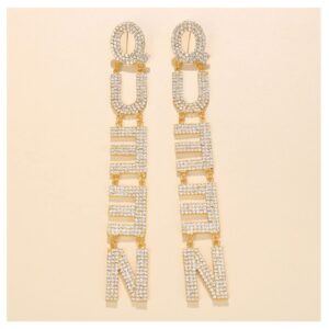 Boho Crystal Tassel Pendant Earrings Rhinestones Long Letter Earrings Flash Diamonds Bridal Body Jewelry For Women (QUEEN-gold)