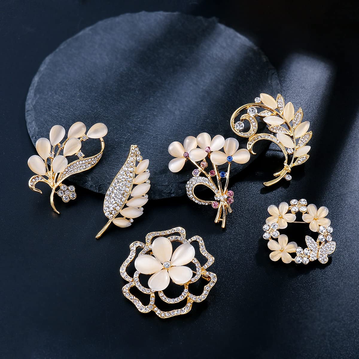 WMHaiMo Lot 6pcs Opal Cat's Eye Stone Crystal Rhinestone Leaf Flower Brooch Pin set for Women