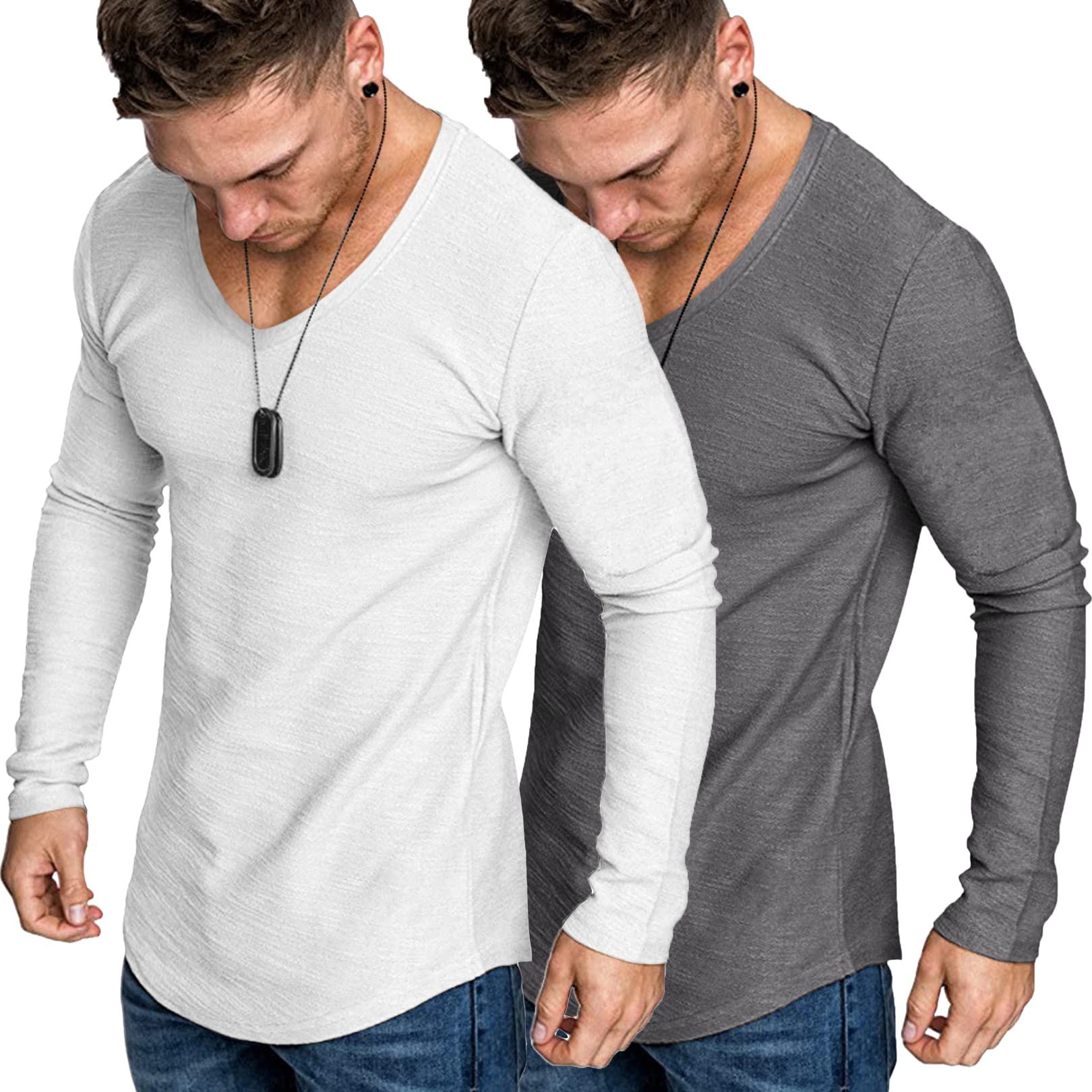 COOFANDY Men Muscle V Neck T Shirt Hipster Bodybuilding Fitted Casual Shirt Pack Grey/White