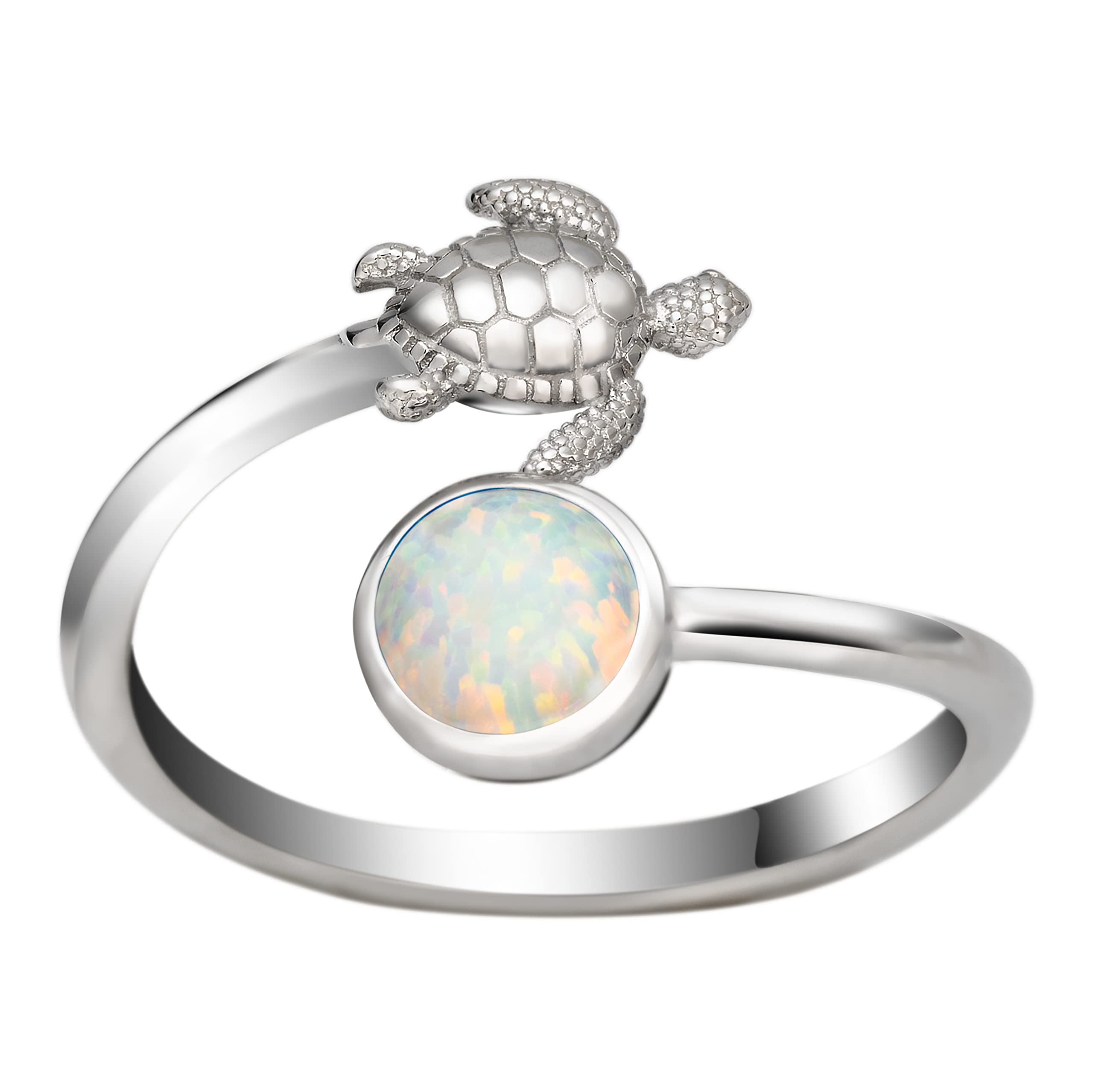 Aloha Jewelry Sterling Silver Created Opal Turtle and Moon Adjustable Easy Resize Wrap Around Bypass Ring Eternity Band (White, 4 - 7)