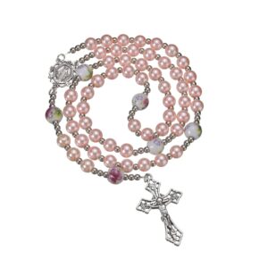 8mm Pink Pearl Beads Catholic Rosary Large Ceramics Bead Rosary Silver Beaded String Necklace Miraculous Medal Crucifix Cross Gift for Women