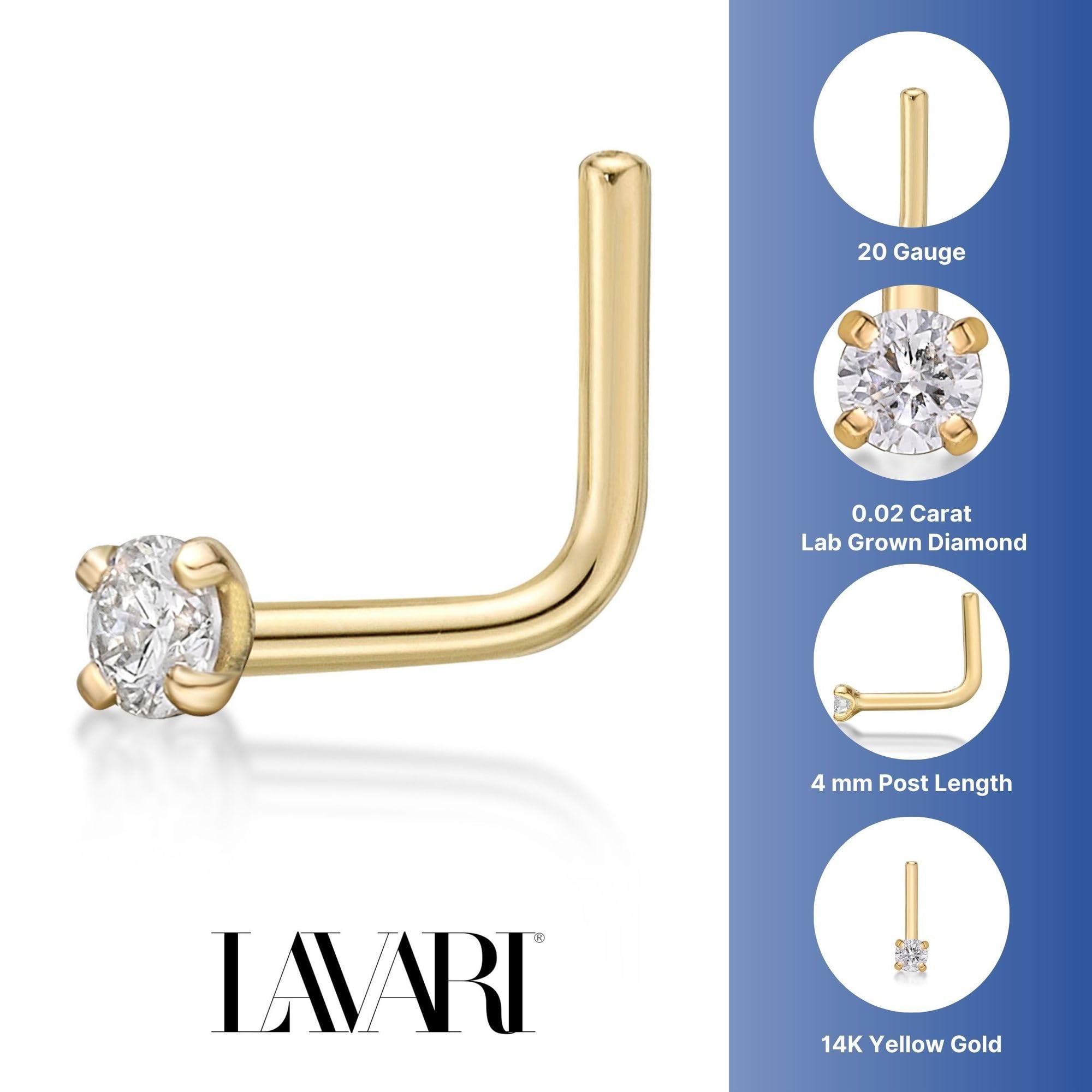 Lavari Jewelers 20 Gauge 0.02 Carat Lab Grown Diamond L-Shaped Nose Ring in 14k Yellow Gold (D-E, I2-I3, cttw) 1.7 mm