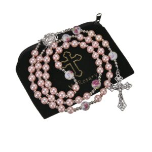 8mm pink pearl beads catholic rosary large ceramics bead rosary silver beaded string necklace miraculous medal crucifix cross gift for women