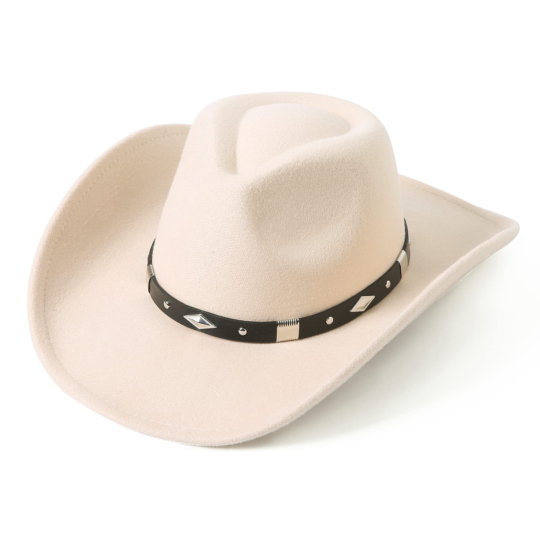 Lanzom Women Men Classic Felt Wide Brim Western Cowboy Cowgirl Hat with Belt Buckle(Medium,Beige)