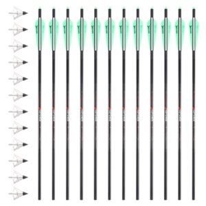 DEEPOWER Carbon Crossbow Bolts 20 Inch with 12Pcs Crossbow Broadheads, 12 Pack Carbon Archery Arrows Hunting 4” Vanes and 3 Blade Broadheads 12 Pack, Kit for Archery Practise Hunting Crossbow Arrows