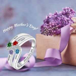 Sterling Silver Mothers Rings with 1-6 Birthstones Women Personalized Rings Engraving Family Name Rings Custom Rings for Mom Grandma Nana (4 stone)