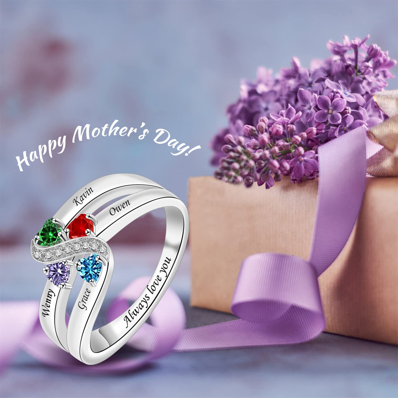 Sterling Silver Mothers Rings with 1-6 Birthstones Women Personalized Rings Engraving Family Name Rings Custom Rings for Mom Grandma Nana (4 stone)