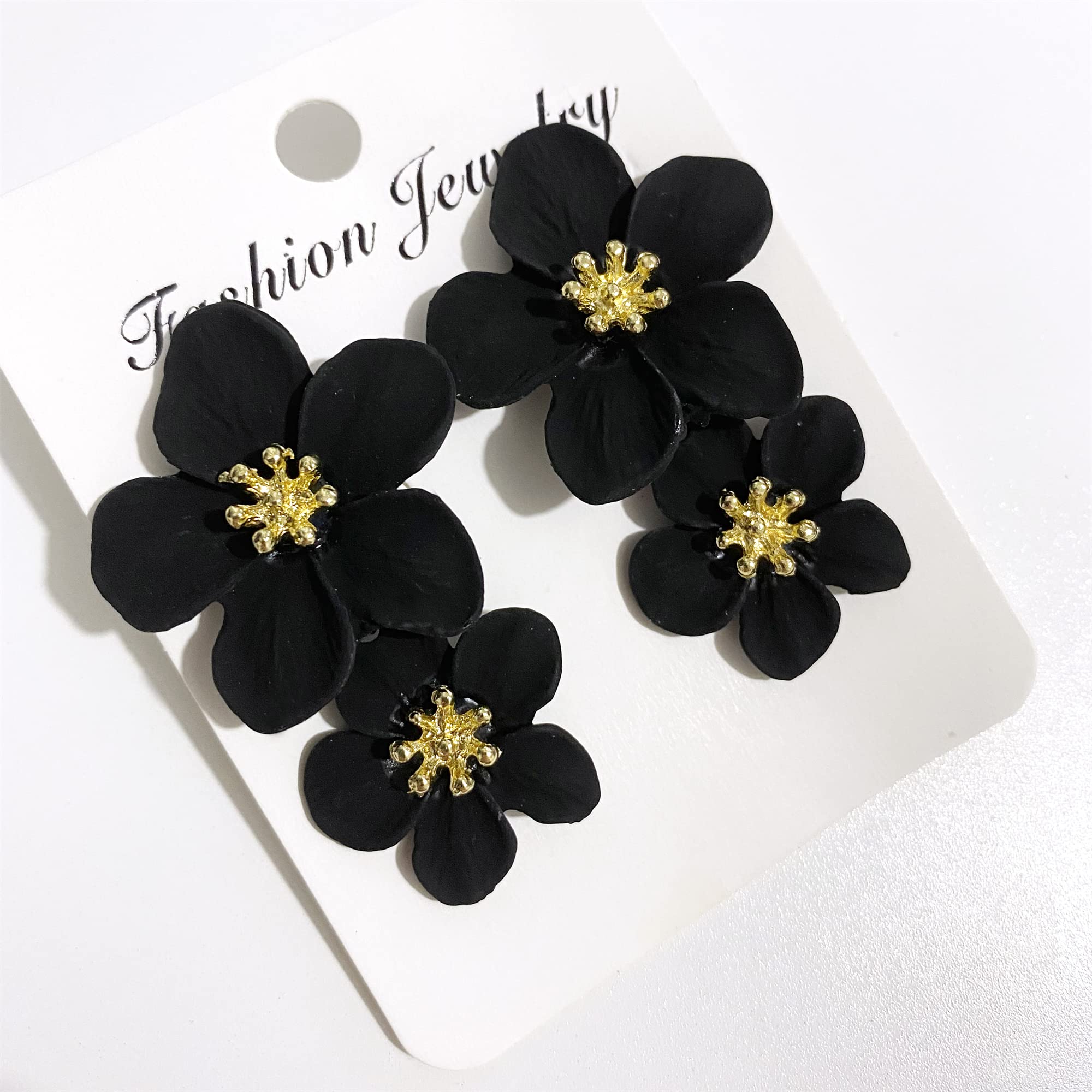 ANDPAI Unique Handmade Bohemian Large Matte Double Yellow Flower Dangle Drop Earrings White Metal floral Stud Earrings For Women Statement Wedding Holiday Jewelry Gifts (Black)