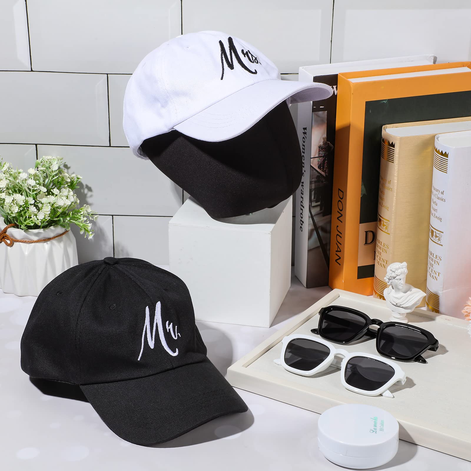 4 Pieces Mr and Mrs Gifts Set Bride Groom Sunglasses Hat and Caps for Wedding Couple Bridal Shower Party