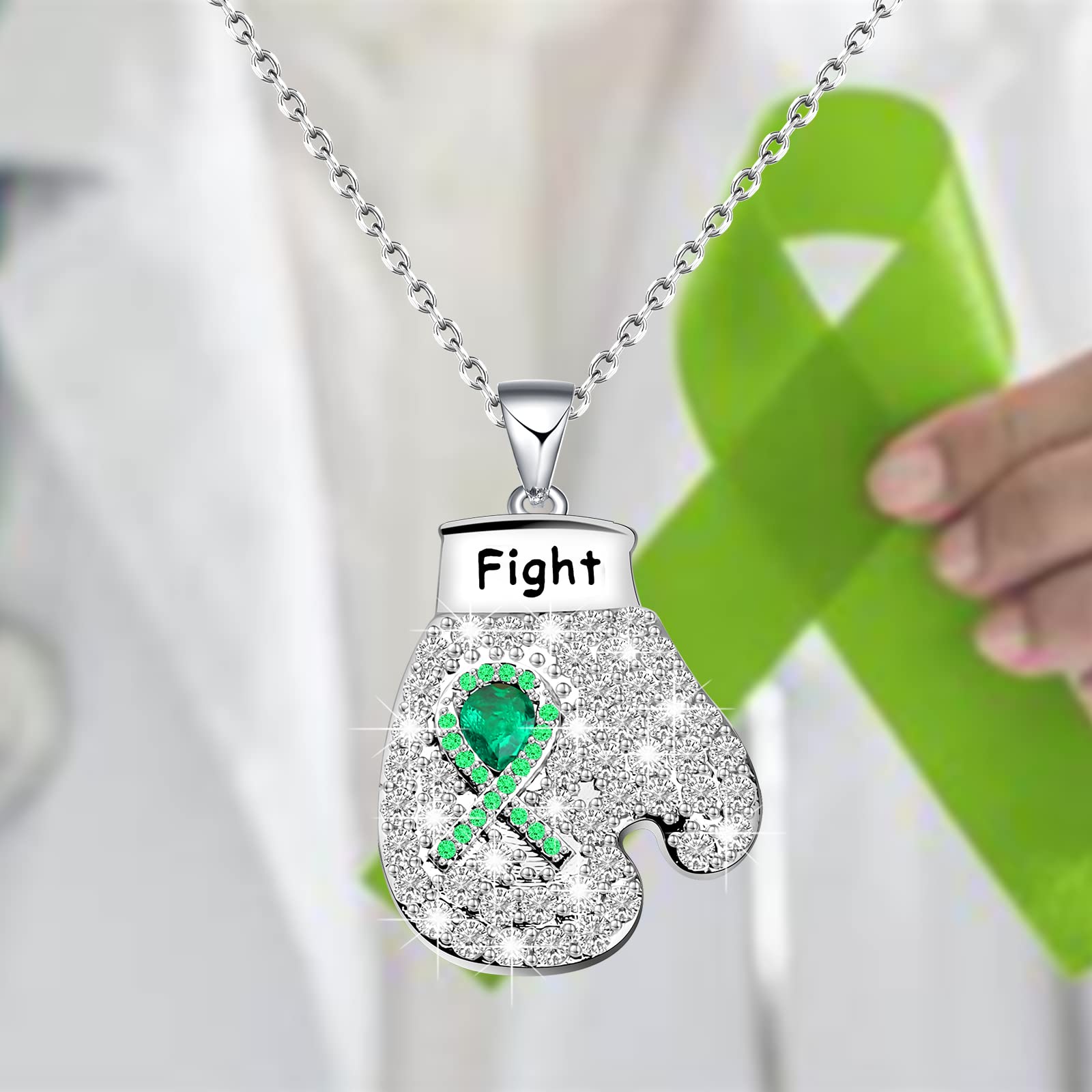 CHOORO Green Awareness Ribbon Charm Boxing Glove Necklace Gift for Lymphoma/Lyme Disease/Mental Illness/Bipolar Disorder/Cerebral Palsy (Green Awareness N)