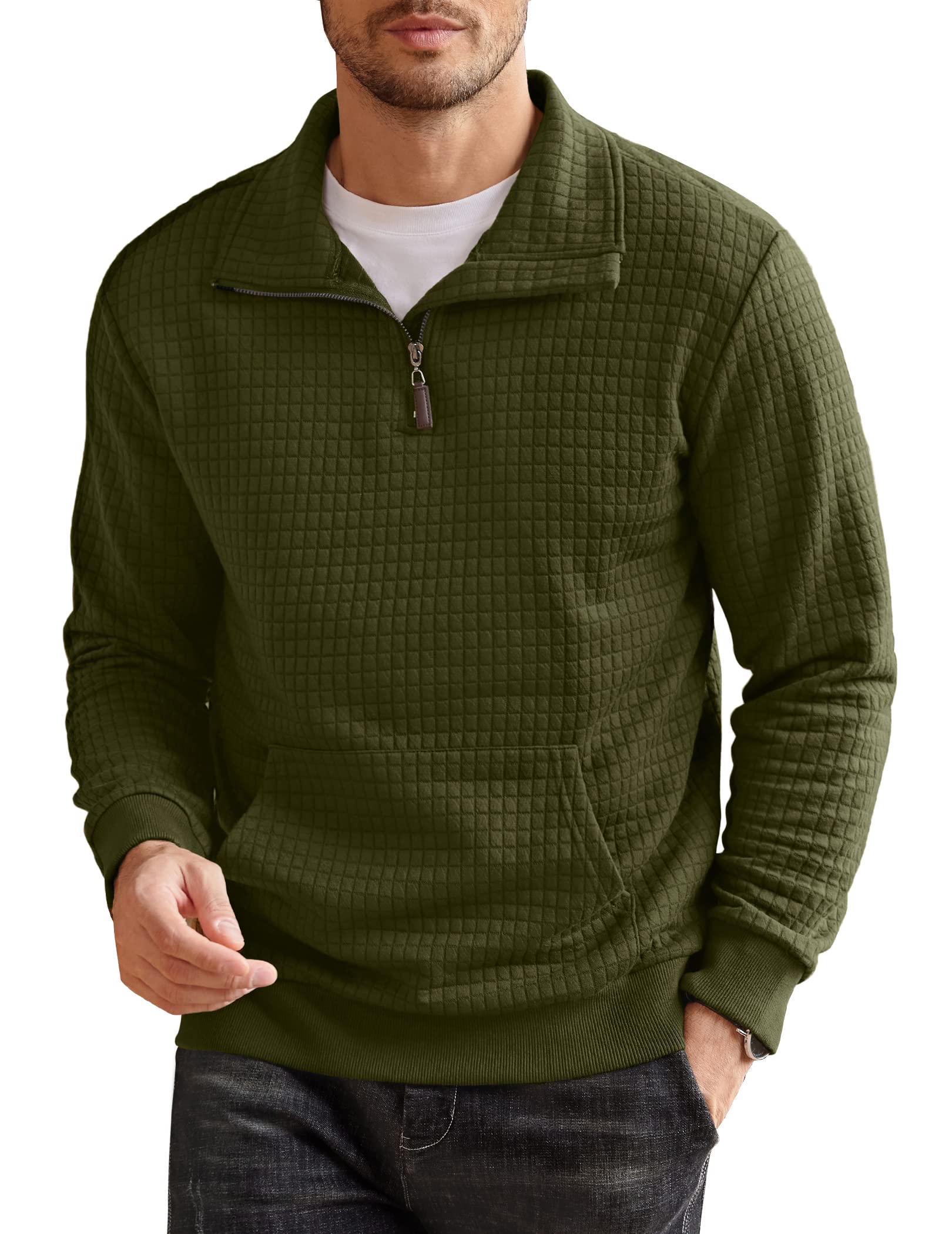 COOFANDY Mens Quarter Zip Sweatshirt Long Sleeve Casual Waffle Pullover Sweatshirt with Pocket Army Green